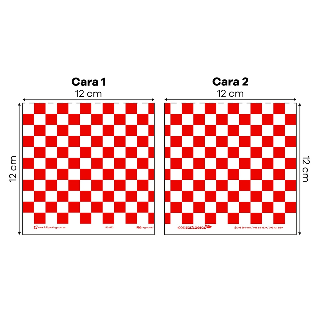 3004 BOLSA BLANCA IMPRESION CUADROS ROJOS 17X20 PAQ. 100 UNI - Paq100