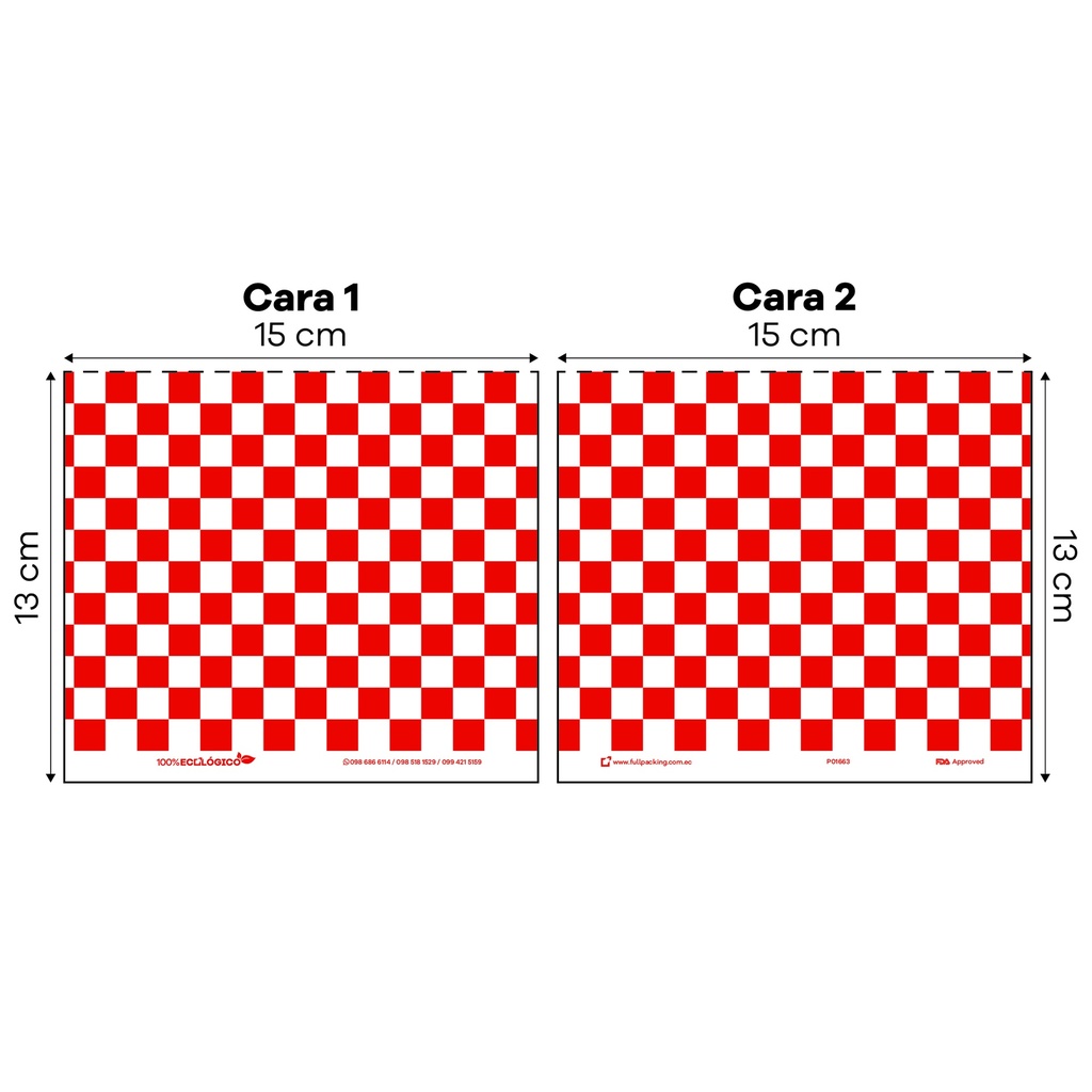 3005 BOLSA BLANCA IMPRESION CUADROS ROJOS 15X13 PAQ. 100 UNI - Paq100